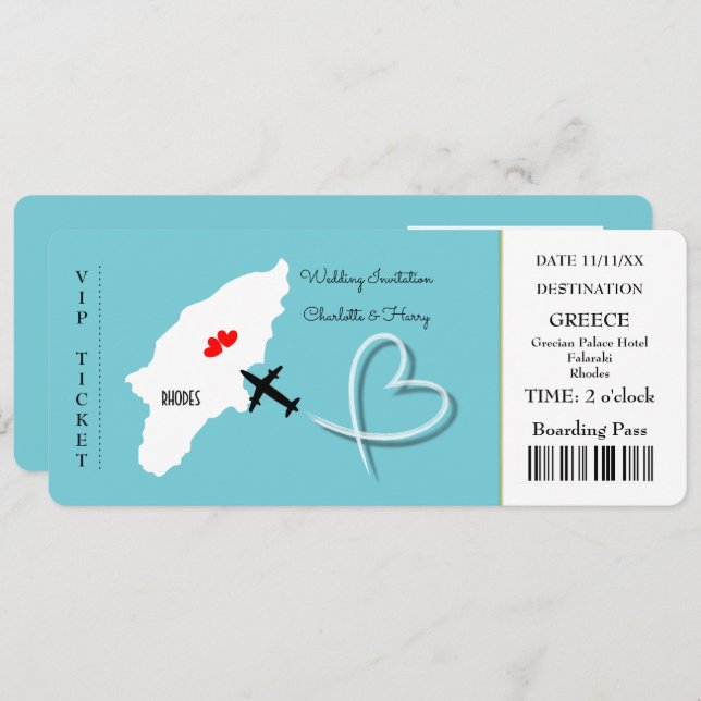 Wedding Destination Rhodes Ticket  Invitation (Front/Back)