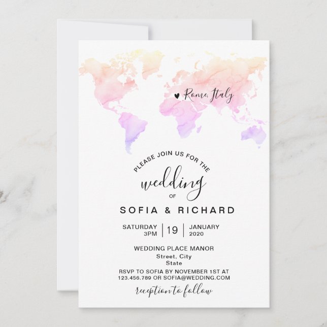 Wedding Destination Watercolor World Map Heart Invitation (Front)