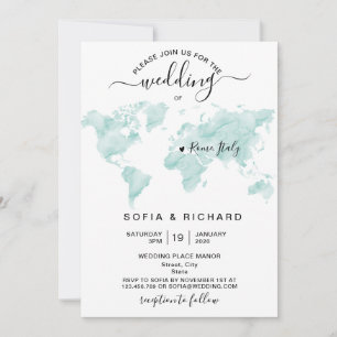 Wedding Destination Watercolor World Map Heart Invitation