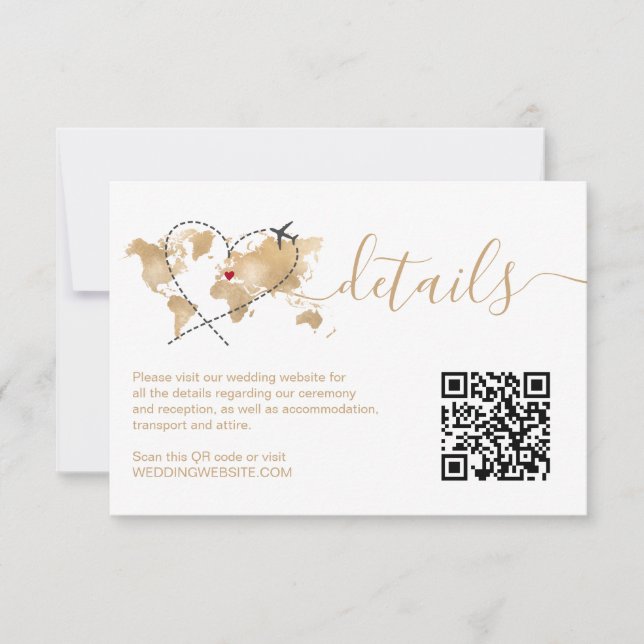 Wedding Destination World Map Details QR Code RSVP Card (Front)