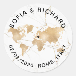 Wedding Destination World Map Gold Removable Heart Classic Round Sticker