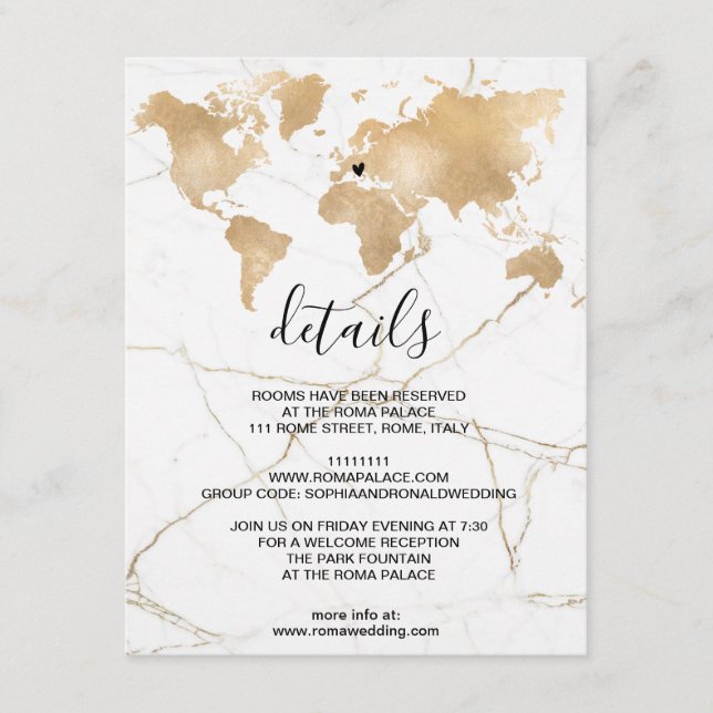 Wedding Destination World Map Gold Removable Heart Enclosure Card (Front)