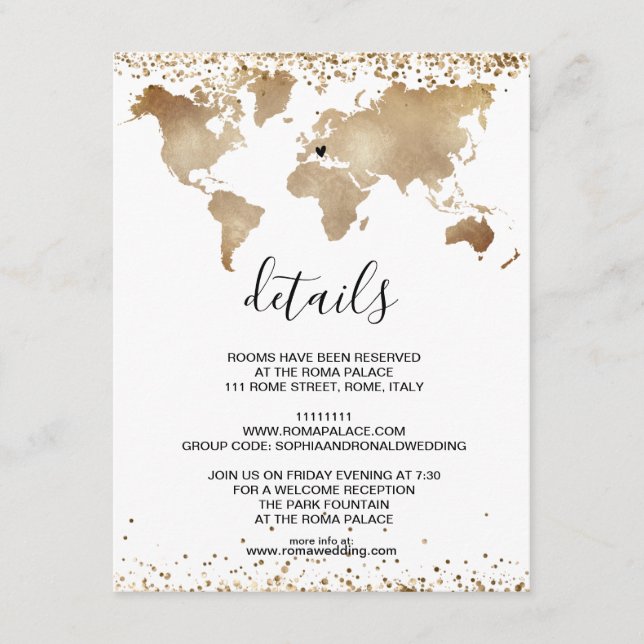 Wedding Destination World Map Gold Removable Heart Enclosure Card (Front)