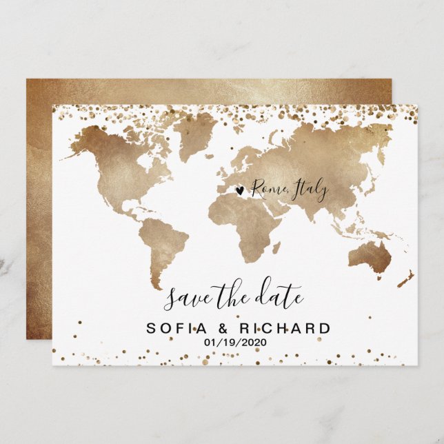 Wedding Destination World Map Gold Removable Heart Invitation (Front/Back)