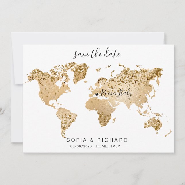 Wedding Destination World Map Gold Removable Heart Invitation (Front)