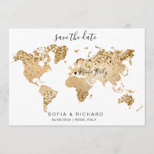 Wedding Destination World Map Gold Removable Heart Invitation