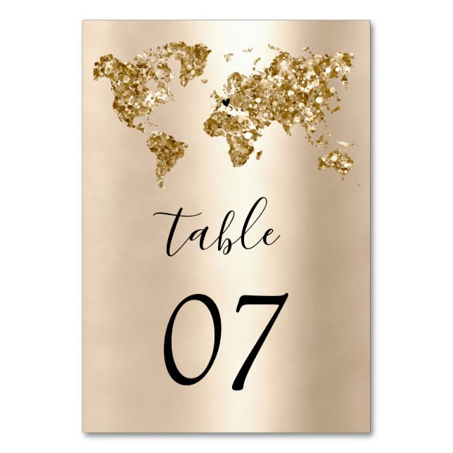 Wedding Destination World Map Gold Removable Heart Table Number (Front)
