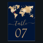 Wedding Destination World Map Heart Navy Table Number<br><div class="desc">Planning wedding at the romantic destination? Invite your guests with this beautiful Invitation with golden world map and navy background</div>