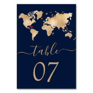 Wedding Destination World Map Heart Navy Table Number