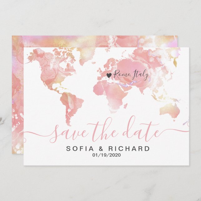 Wedding Destination World Map Pink Removable Heart Invitation (Front/Back)