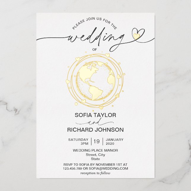 Wedding Destination World Map Typography Gold  (Front)