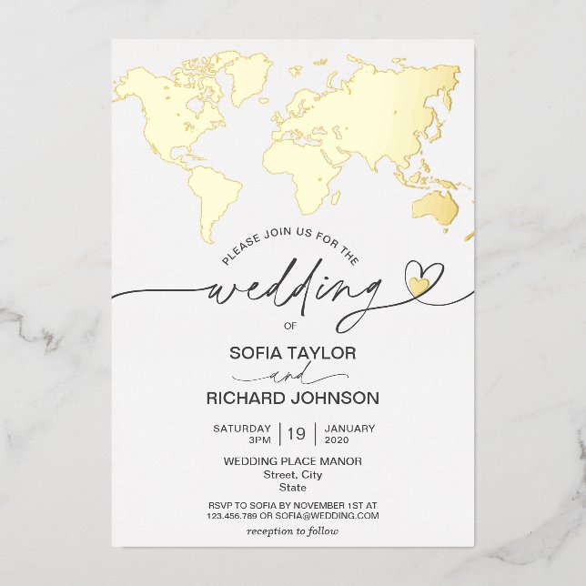 Wedding Destination World Map Typography Gold Foil (Front)