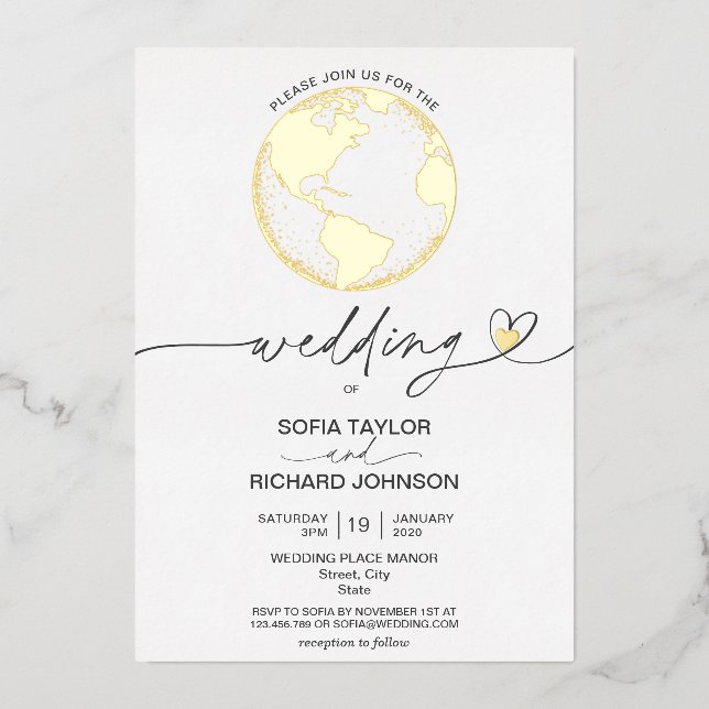 Wedding Destination World Map Typography Gold Foil (Front)