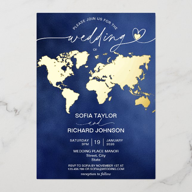 Wedding Destination World Map Typography Gold Navy (Front)