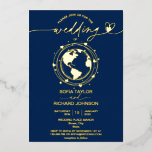 Wedding Destination World Map Typography Gold Navy
