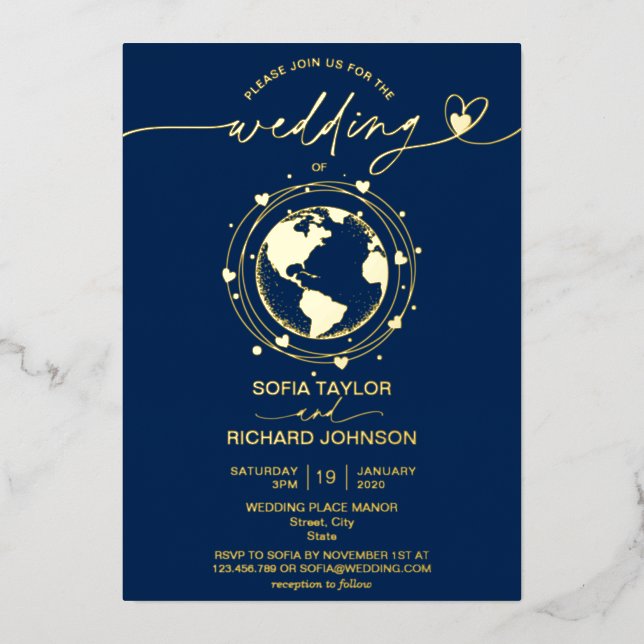 Wedding Destination World Map Typography Gold Navy (Front)