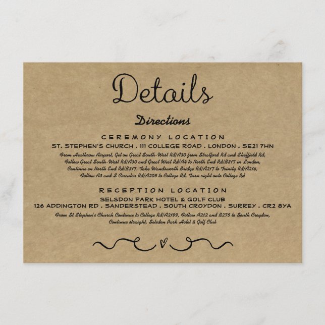 Wedding Detail Insert Card | Rustic Country Kraft (Front)