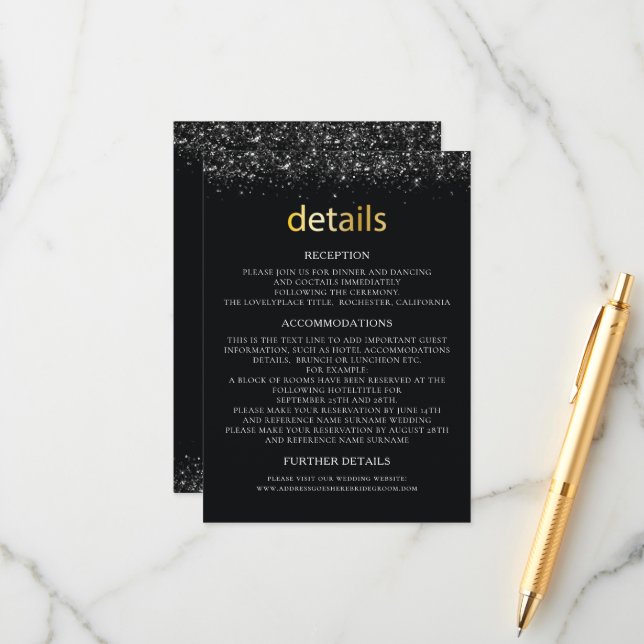 Wedding Details Black design with Glitter details Enclosure Card (Front/Back In Situ)