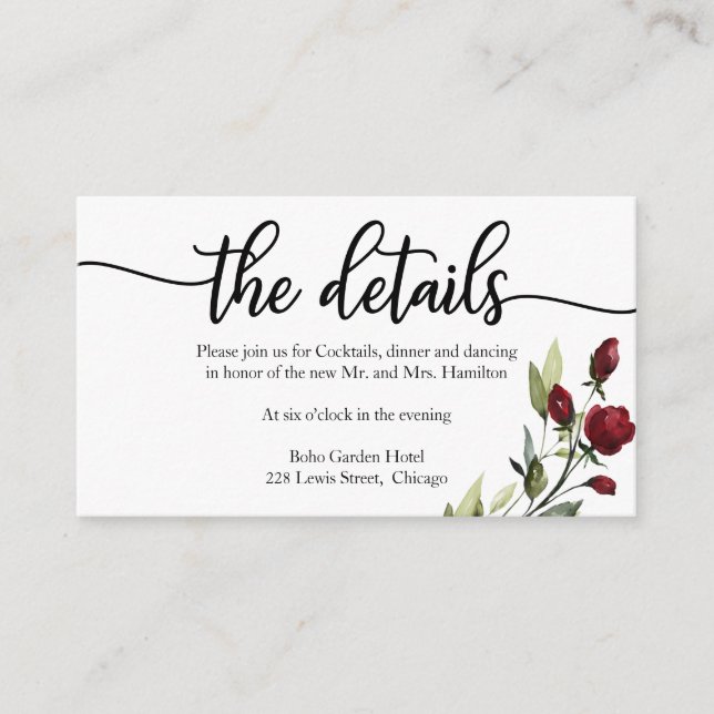 Wedding Details Burgundy Floral  Enclosure Card (Front)