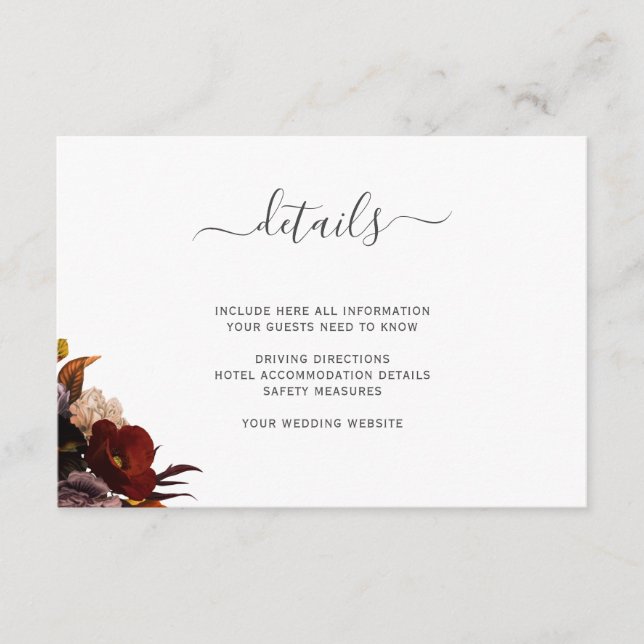 Wedding details burgundy rustic fall floral enclos enclosure card (Front)
