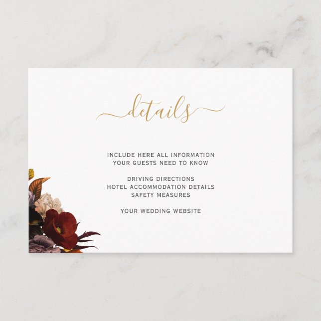 Wedding details burgundy rustic fall floral enclosure card (Front)