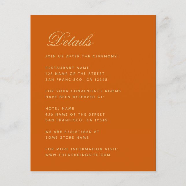Wedding Details Burnt Orange Budget Enclosure Card (Front)