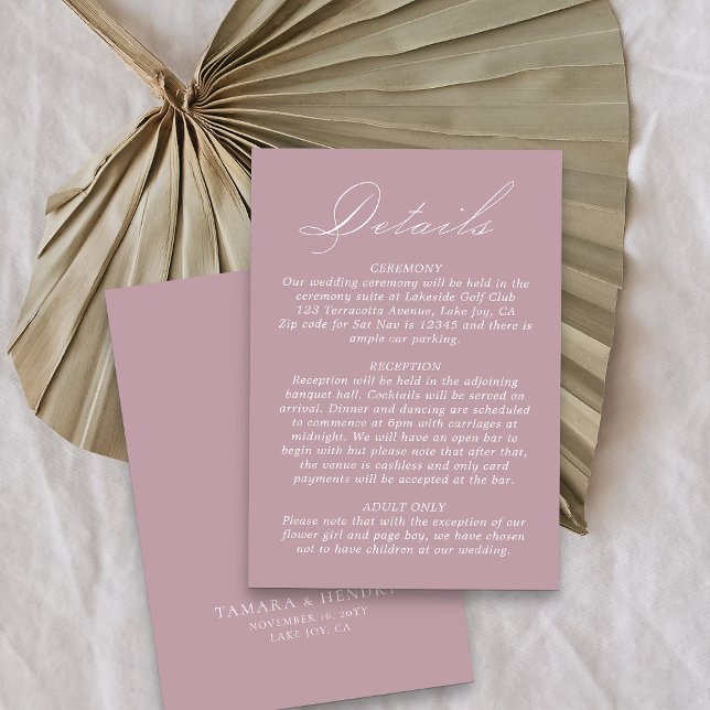 Wedding Details Calligraphy Script Dusty Rose Enclosure Card (Simple dusty rose pink wedding details card from my Wedding Colors collection)