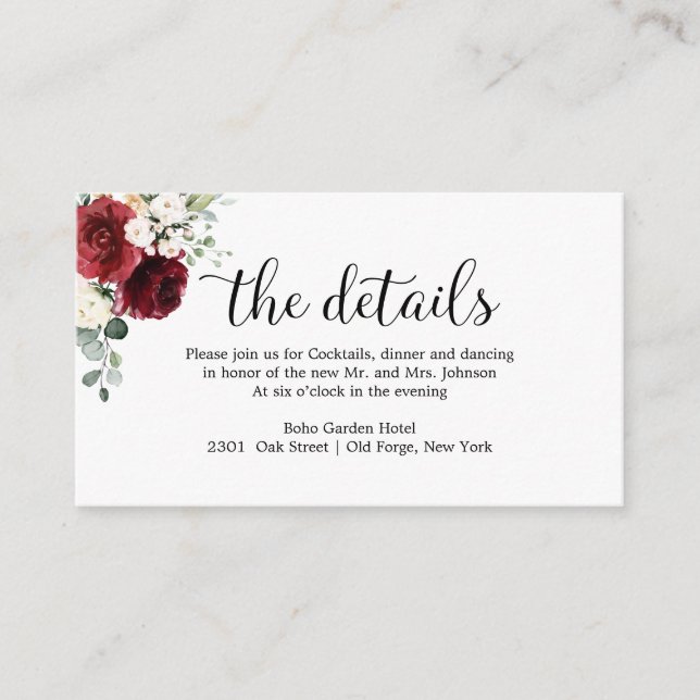 Wedding Details Chic Calligraphy Burgundy Floral Enclosure Card (Front)