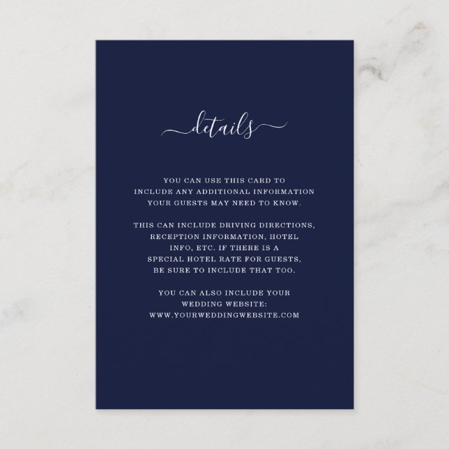 Wedding Details | Elegant Dark Blue and White Enclosure Card (Front)