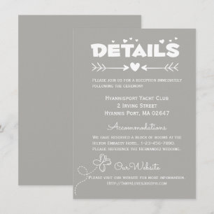 Wedding Details Grey & White Butterflies & Hearts Invitation