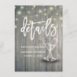 Wedding Details Information Champagne Glasses Wood Enclosure Card