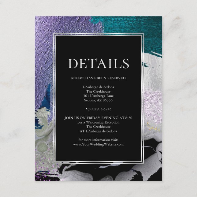 WEDDING DETAILS | Metallic Paint Stroke Teal Lilac Enclosure Card (Front)