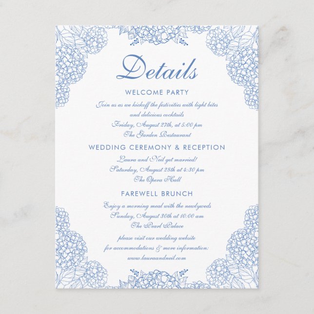Wedding Details Modern Hydrangea Dusty Blue Floral Enclosure Card (Front)