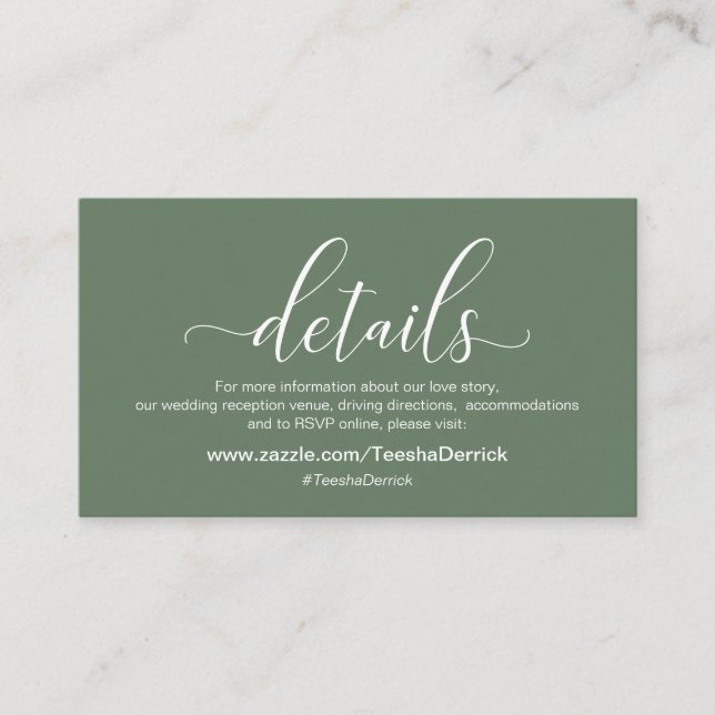 Wedding Details, Modern Sage Green Theme Enclosure Card (Front)