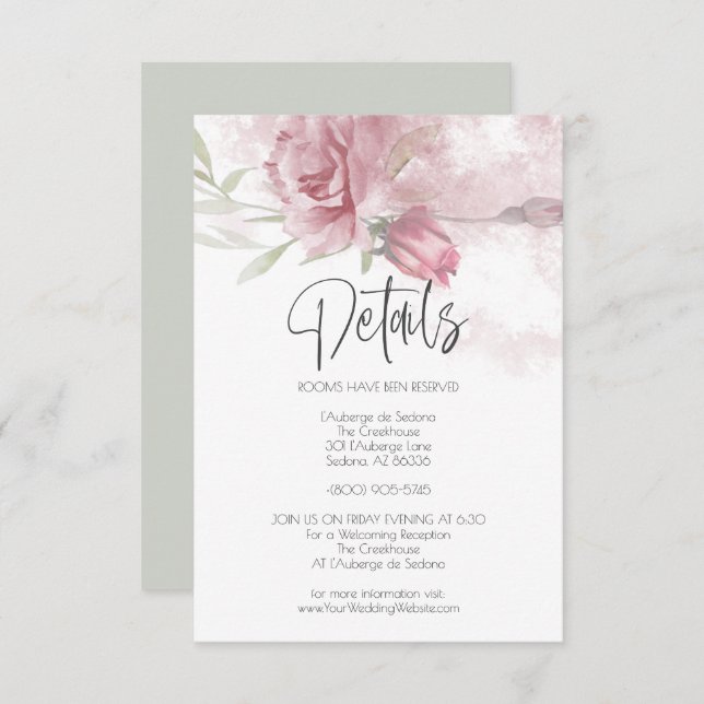 Wedding Details Pink Watercolor Roses Invitation (Front/Back)