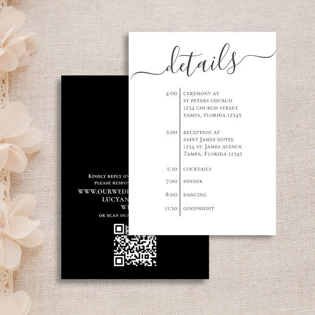 Wedding Details QR Code Minimalist Timeline  Enclosure Card (Simple black and white wedding details enclosure card with scannable QR Code. )