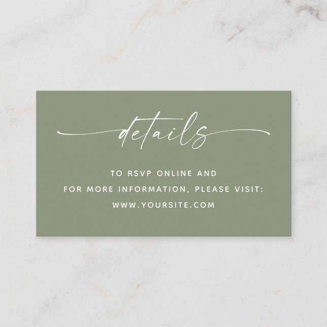 Wedding Details + QR Code | Sage Green Minimalist  Enclosure Card (Front)