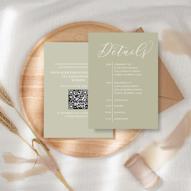 Wedding Details QR Code Sage Green Timeline Enclosure Card (Wedding details card with a sage green background and a scannable QR code. )
