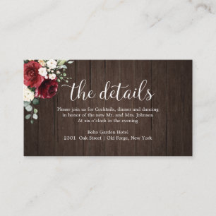 Wedding Details Rustic Burgundy Floral Enclosure Card