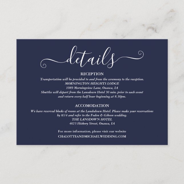 Wedding Details Spring Lights Script Navy Blue Enclosure Card (Front)