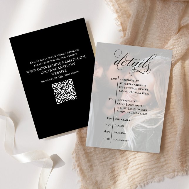 Wedding Details Timeline QR Code Photo Enclosure Card (Photo wedding details card with calligraphy script and QR Code )