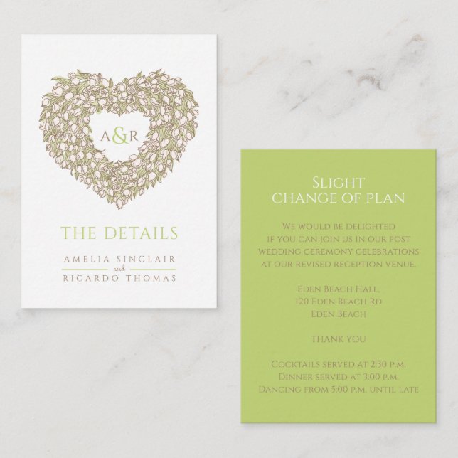 Wedding details tulip bouquet monogram green brown enclosure card (Front/Back)