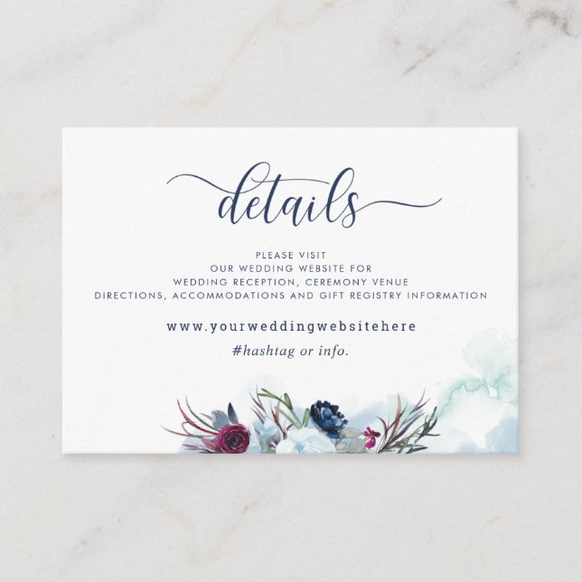 Wedding Details / Website Berry and Blue Floral Enclosure Card (Front)