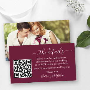 Wedding Details Website QR Photo Burgundy Enclosure Card