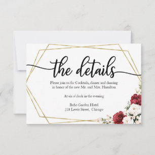 Wedding Details White Burgundy Floral Geometric RSVP Card