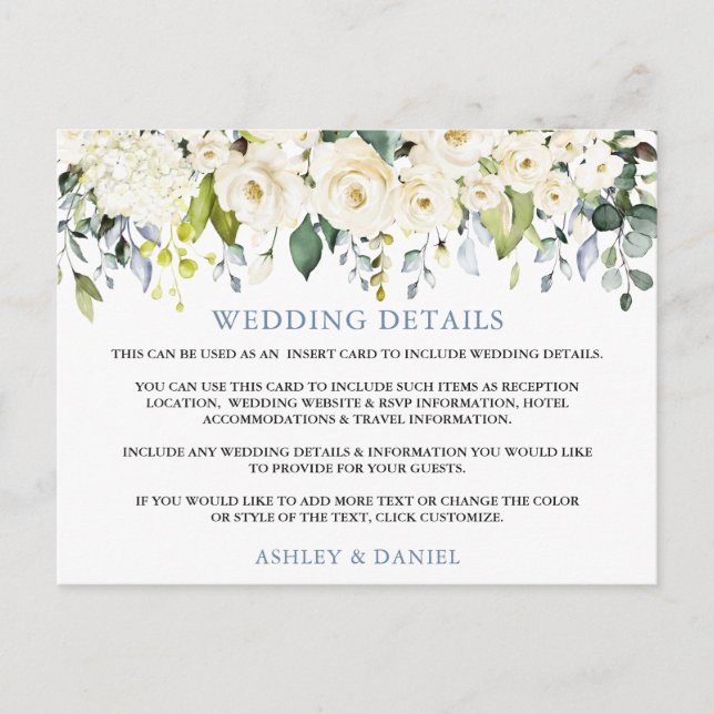 Wedding Details White Floral Dusty Blue Card (Front)