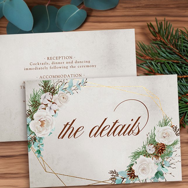 Wedding Details Winter White Rose and Pine Cone Enclosure Card (Winter Wedding enclosure card for details with elegant calligraphy, white roses, eucaluptus and pine)