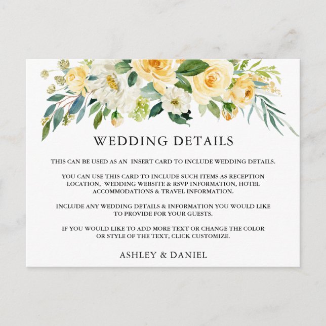 Wedding Details Yellow Floral Insert Card (Front)