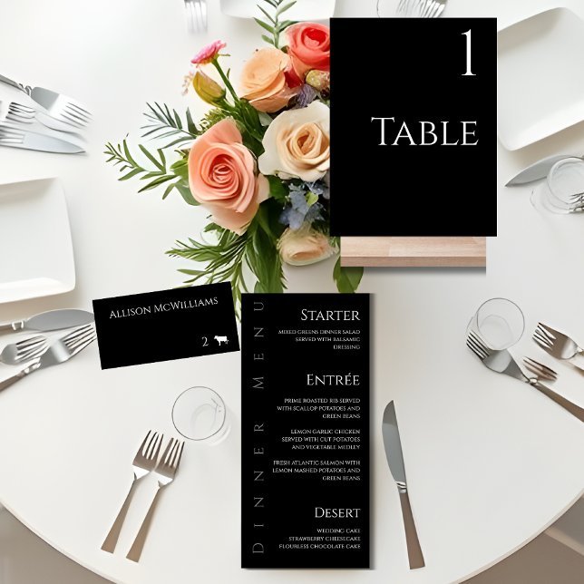 Wedding Dinner and Bar Menu-Black and White- Menu (Minimalist Modern Black and White Wedding-Place cards-Table sign, Dinner Menu)