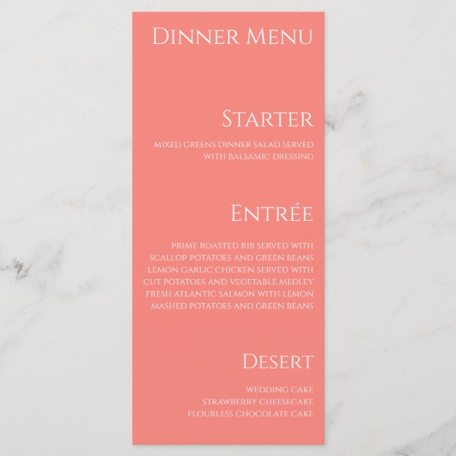 Wedding Dinner and Bar Menu-Pink Coral- Menu (Front)